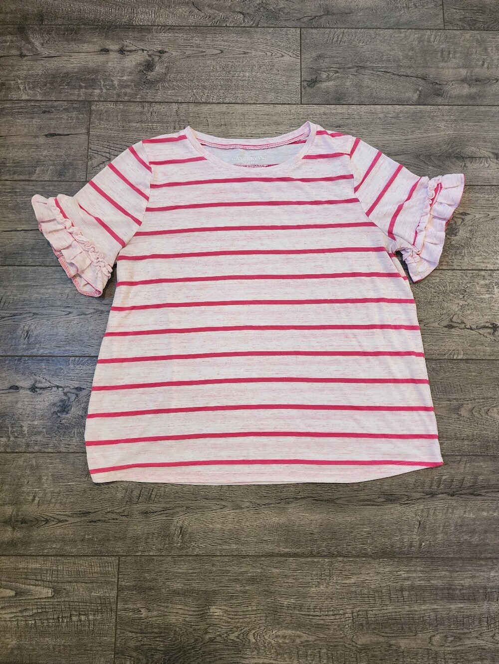 Lane Bryant Womens Top Size 14/16 Pink Striped Ruffle Short Sleeve Summer Blouse